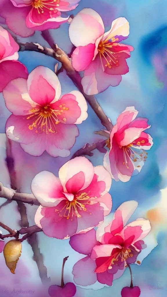Blooming cherry flowers, watercolor, watercolor painting, beautiful flowers, spring, beautiful painting, sky