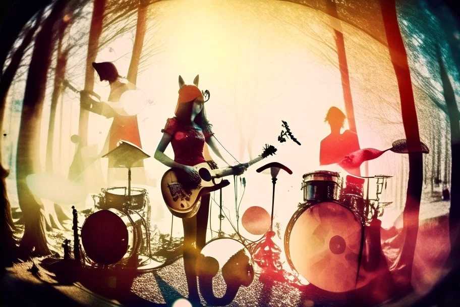 Double exposure, merged layers, Stage, stand-up microphone, drums, guitars, speakers, forest, Hansel and Gretel, Snow White walking with Robin Hood, midwife with an iron nose, Little Red Riding Hood with a basket on her arm, wolf horn on her head in sunshine, ethereal, cinematic postprocessing, bokeh, dof