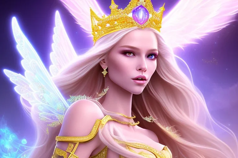 beautiful, very soft, smiling, very straight and long blonde hair, dewy and shiny vibe, diamond crown, long fairy wings in the back, full head, golden veil clothes, smiling, bachground lights pink and blue