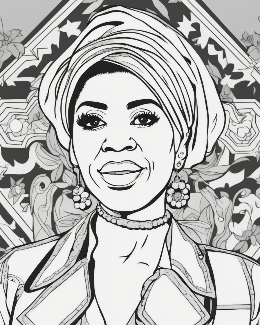 coloring page for teens, simple outlines art, cartoon style, outline drawing, bold outlines, clean and clear outlines, no tones color, no color, no detailed art, art full view, wide angle, white background, ARETHA FRANKLIN.