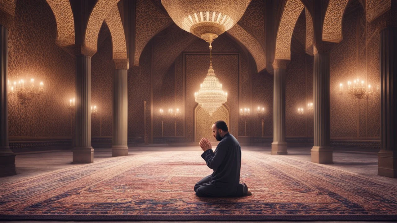 Hyper Realistic man praying in sajdah inside a beautifully crafted mosque with fancy walls & pillars, chandeliers & beautiful carpet at night