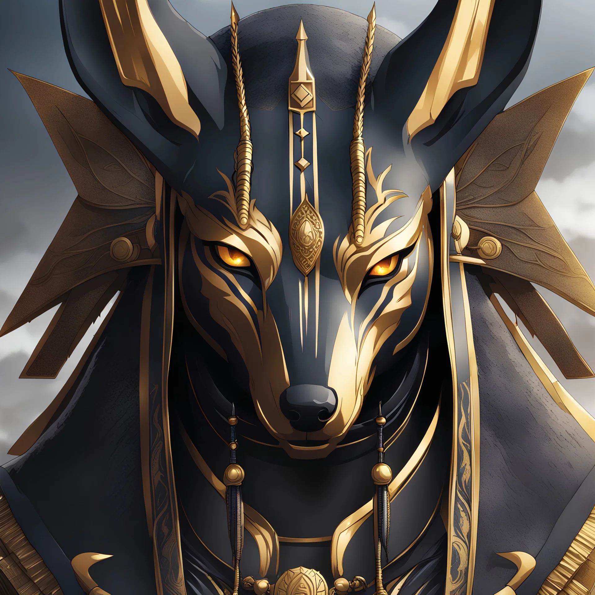 Anubis mixed death from puss in boots the last wosh in 8k solo leveling shadow artstyle, machine them, close picture, rain, intricate details, highly detailed, high details, detailed portrait, masterpiece,ultra detailed, ultra quality