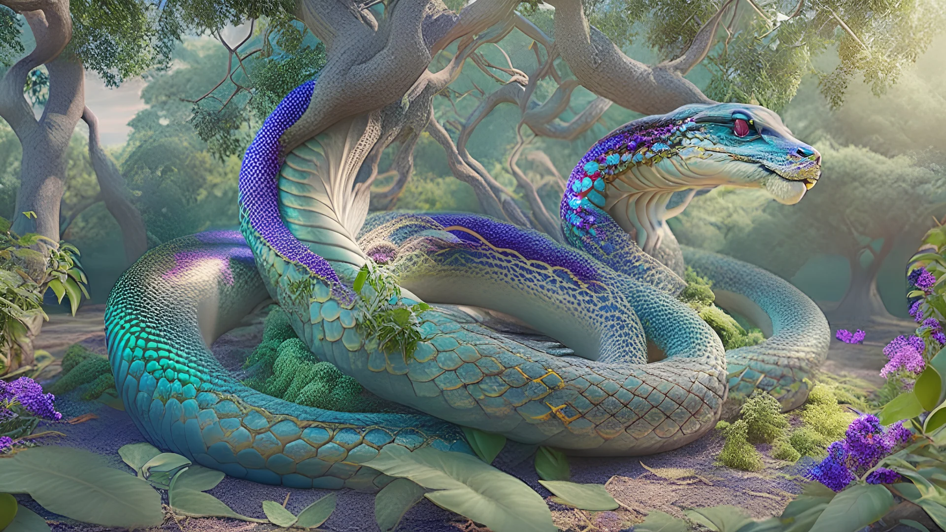 whole body image of Serpent in the Garden of Eden coiled around the Tree of Knowledge, hyper-realistic, HD 8K, sharp detail, iridescent scales