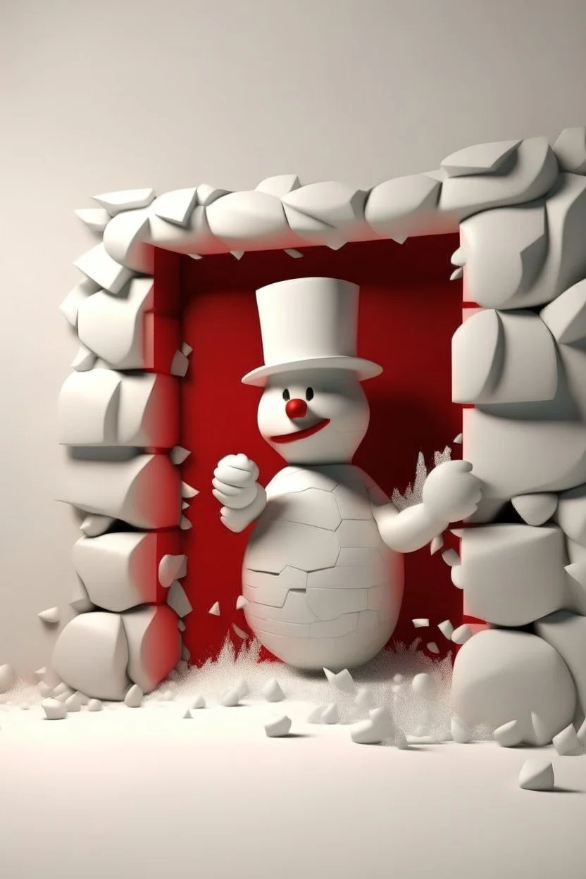 3d Christmas snowman, breaking through the wall, plaster texture, white and red, 3d background