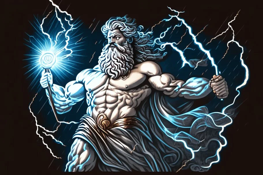 Detailed and realistic illustration of Greek god Zeus holding holding lightning. Vintage style illustration. Ultra high resolution.