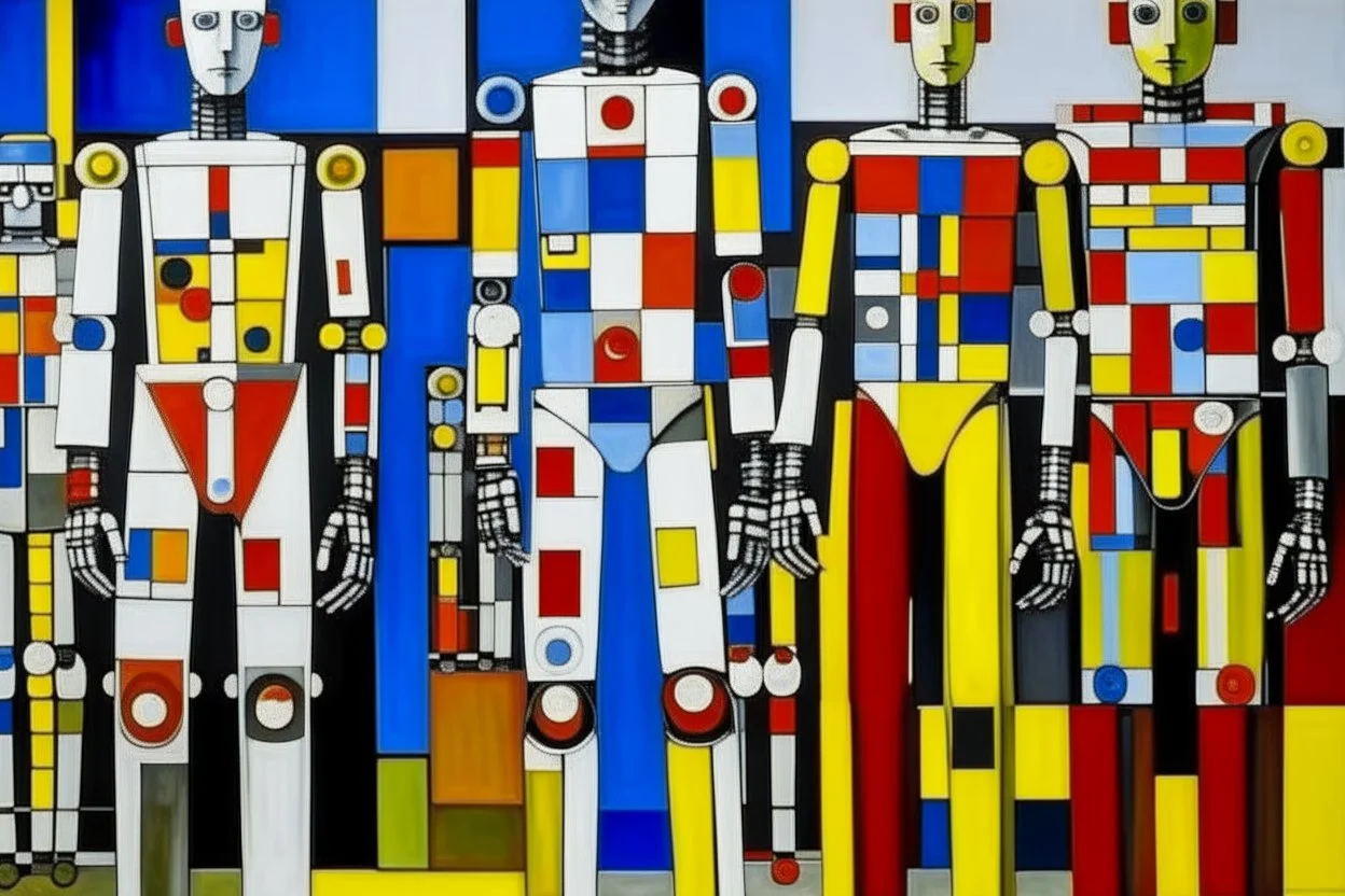 A robotic circus and carnival painted by Piet Mondrian