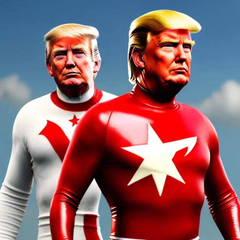 Realistic image of Donald trump super hero, retro style, watchmen style, red and blue breeches, white stars, suspenders, latex material, 80s, vibrant color, highly detailed, sky background, concept art, unreal engine 5, god rays, ray tracing, RTX, lumen lighting, ultra detail, volumetric lighting, 3d, finely drawn, high definition, high resolution.