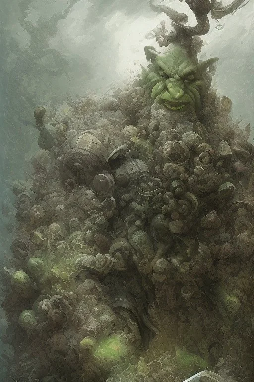 Portrait of a larger than life, mountainous goblin sorcerer, with a giant gem on his forehead, wrinkled green and grey skin, in the style of Artwork by Albert Lynch, sinking deep into bittersweet melancholia, dark angry eyes, 70s psychedelic drawings, alex grey, sense of awe, pale skin, night, dark twisted fantasy, macabre fine art