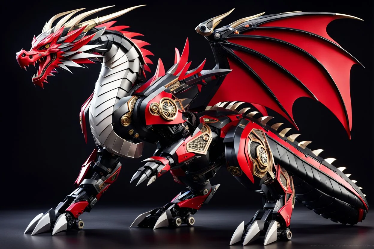 big dragon robot with black and red color schemes, in the style of fairy academia, hard-edge style, agfa vista, dynamic pose, oshare kei, hurufiyya, rtx, close picture, intricate details, highly detailed, high details, detailed portrait, masterpiece,ultra detailed, ultra quality