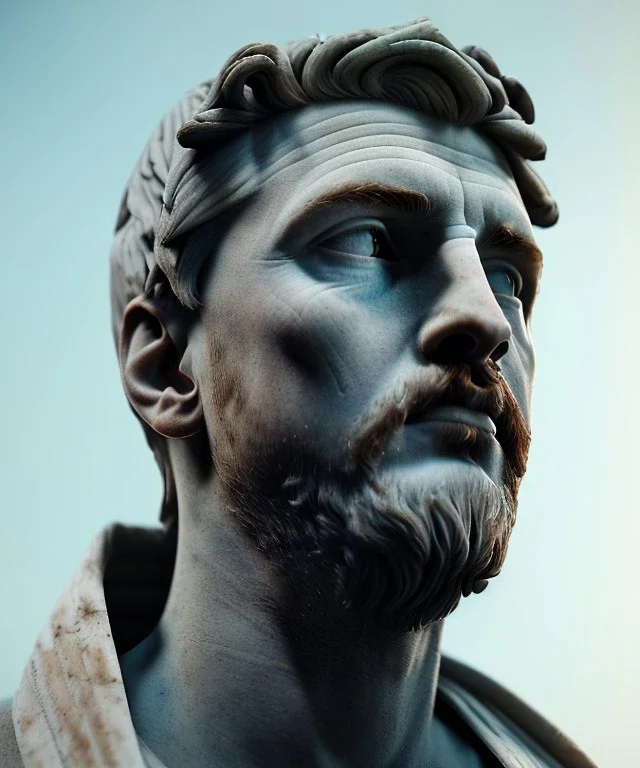 Gran angular, Realistic image, roman sculpture, marble material, Lionel Messi, Laurel wreath model, miguel angel style, emperador, God light, god rays, 4k resolution, ornate details, soft lighting, unreal engine 5, soft cyan background.