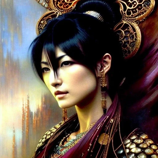 portrait beautiful face 'kagero-ninja scroll',busty,ancient metal armor balanciaga fashion clothe painting by gaston bussiere, greg rutkowski, yoji shinkawa, yoshitaka amano, tsutomu nihei, donato giancola, tim hildebrandt, oil on canvas, cinematic composition, extreme detail,fit full head inside picture,16k