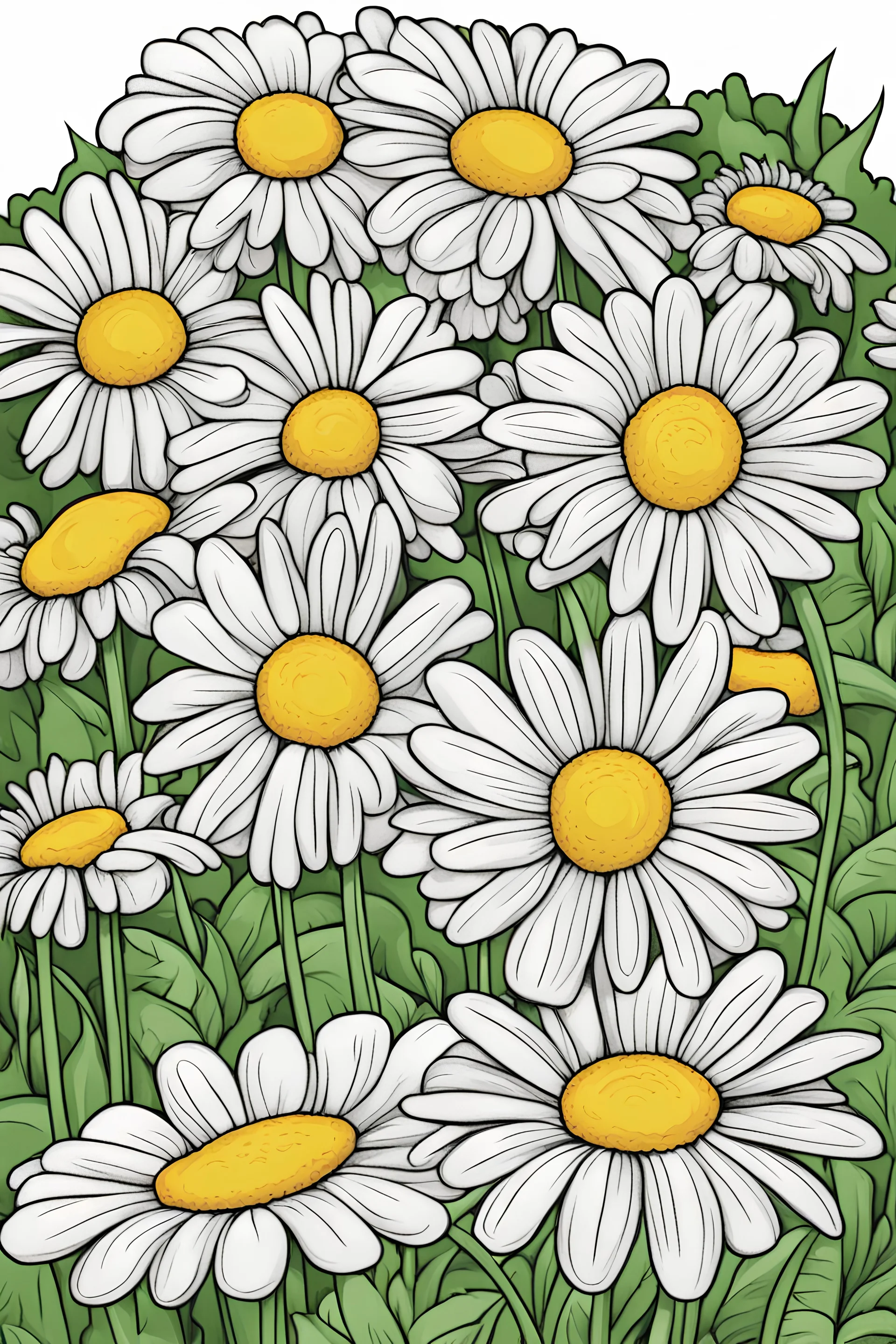 coloring page, garden of daisies, cartoon style, thick lines, low detail, no shading