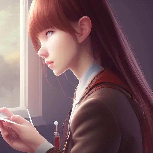 Anime, female student studying under window, studying lesson, perfect face, cool face, ultra detail, unreal engine 5, cinema4d, sun light, studio lighting --ar 1:1 --v 4