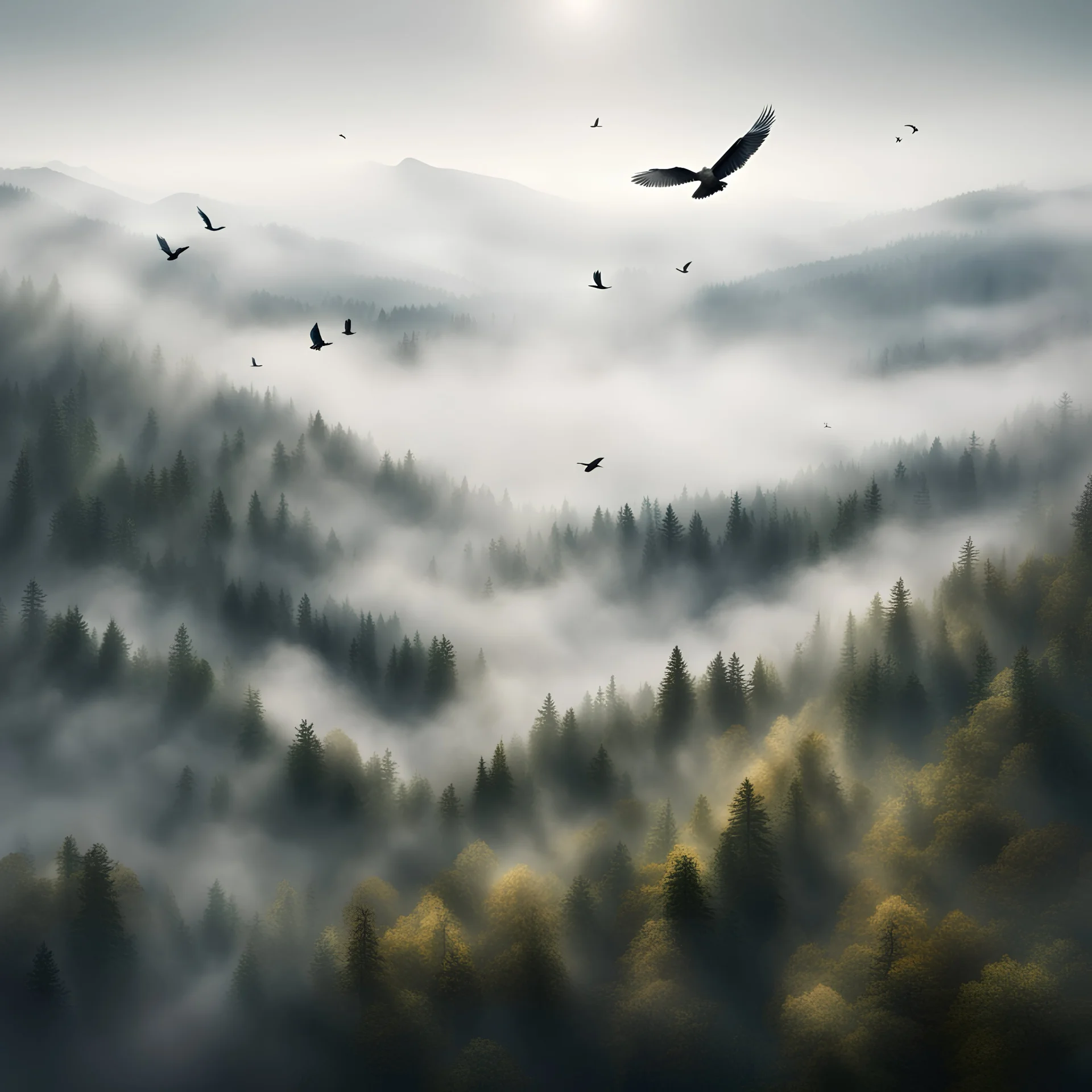 Hyper Realistic areal view of forest on mountains with thick fog with birds flying