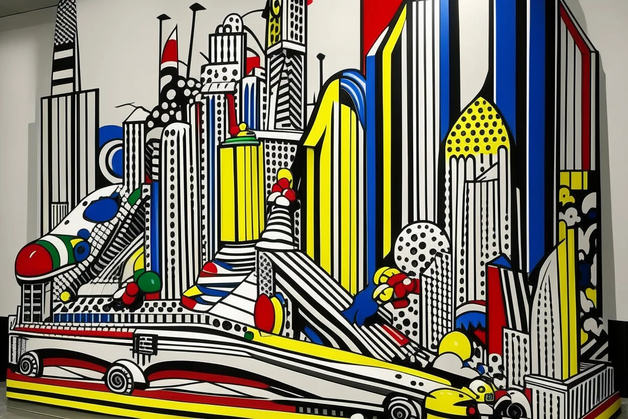 A noisy town made out of toys painted by Roy Lichtenstein