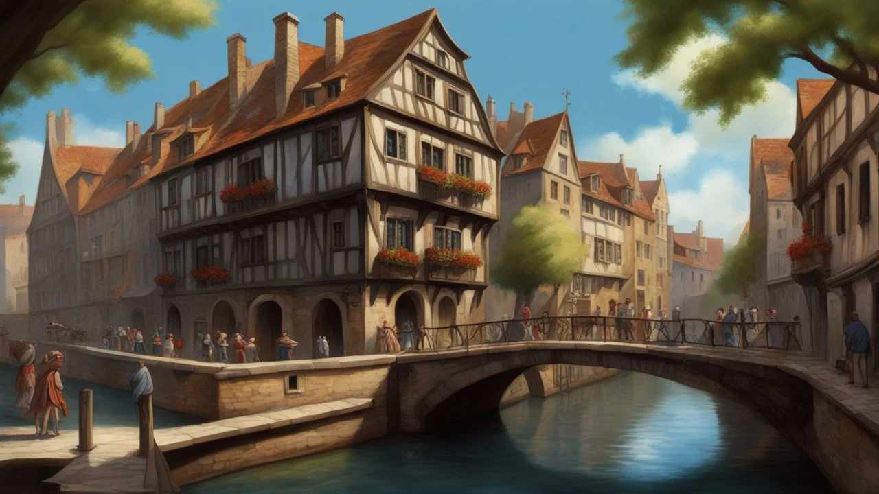 medieval buildings with balconies overhanging a canal, blue sky and people, photorealism, trees, foliage, piers, fantastical, intricate detail, concept art, people, ultra-sharp image