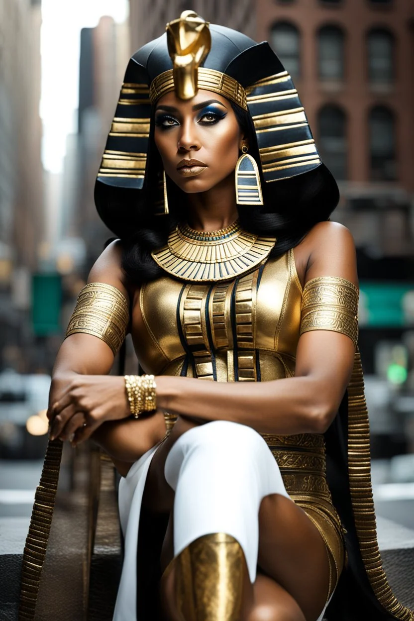 full body Cleopatra, pharaoh makeup, full body shot, written by Orcinus Orca, Ultra detail face in new york city