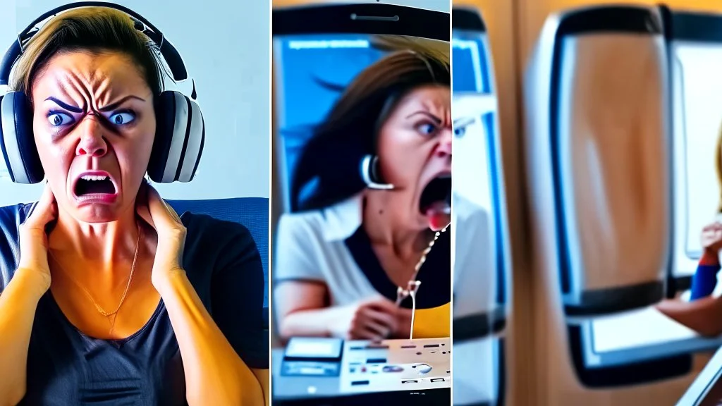 split screen view left with with angry lady at home on phone and the right with airline representative on the phone