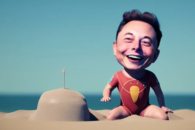 Elon musk as a Happy baby building a rocketship sandcastle on the beach. He is wearing a plkadot swimsuit