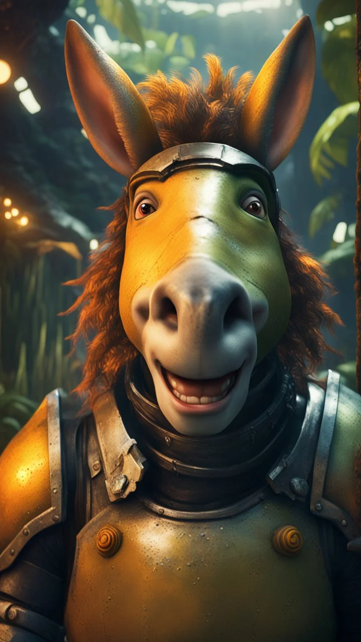 close up, magazine cover, smiling with front teeth, metallic yellow orange donkey turtle chivalry knight with friendly cute face and hair locks in dark lit reflective wet jungle metallic hall dome hotel tunnel, in the style of fallout 4 game,bokeh like f/0.8, tilt-shift lens 8k, high detail, smooth render, down-light, unreal engine, prize winning