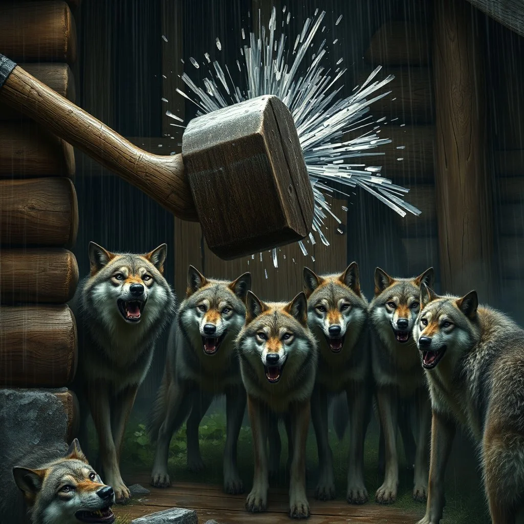 one large hammer breaks the wall of the wooden house. A group of anthropomorphic wolves react in surprise in the background other anthropomorphic wolves watch the scene unfold with expressions of shock and with surprise faces. high realistic, detailed,dark fantasy mood, rain, cinematic