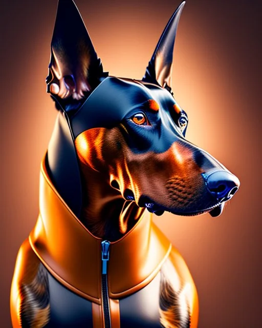 Hombre antropomórfico vista frontal cara humana orejas de perro Doberman obra de arte traje futurista hiperdetallado fantástico nítido cuerpo completo cabeza completa cabeza no recortada piernas completas botas completas botas no recortadas altura 1,75 clima soleado arte arte digital colores contrastantes 8k