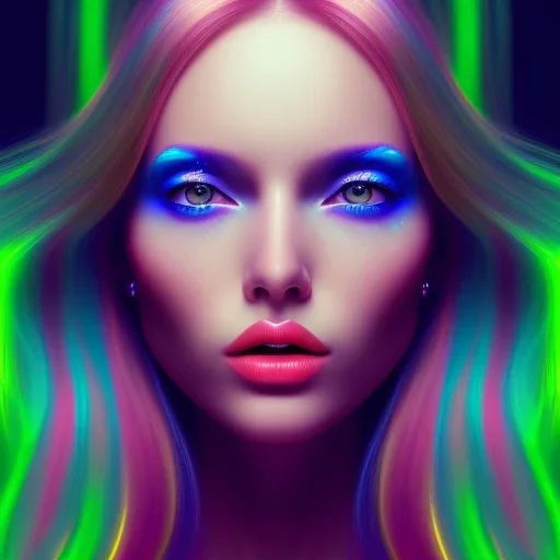 A beautiful portrait of a woman long hair neon color scheme, high key lighting, volumetric light high details psychedelic background