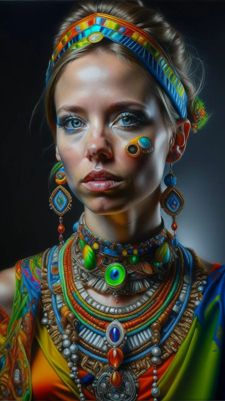 Hyperrealistic portrait of a beautiful woman wearing intricately detailed colorful clothing and futuristic jewellery.