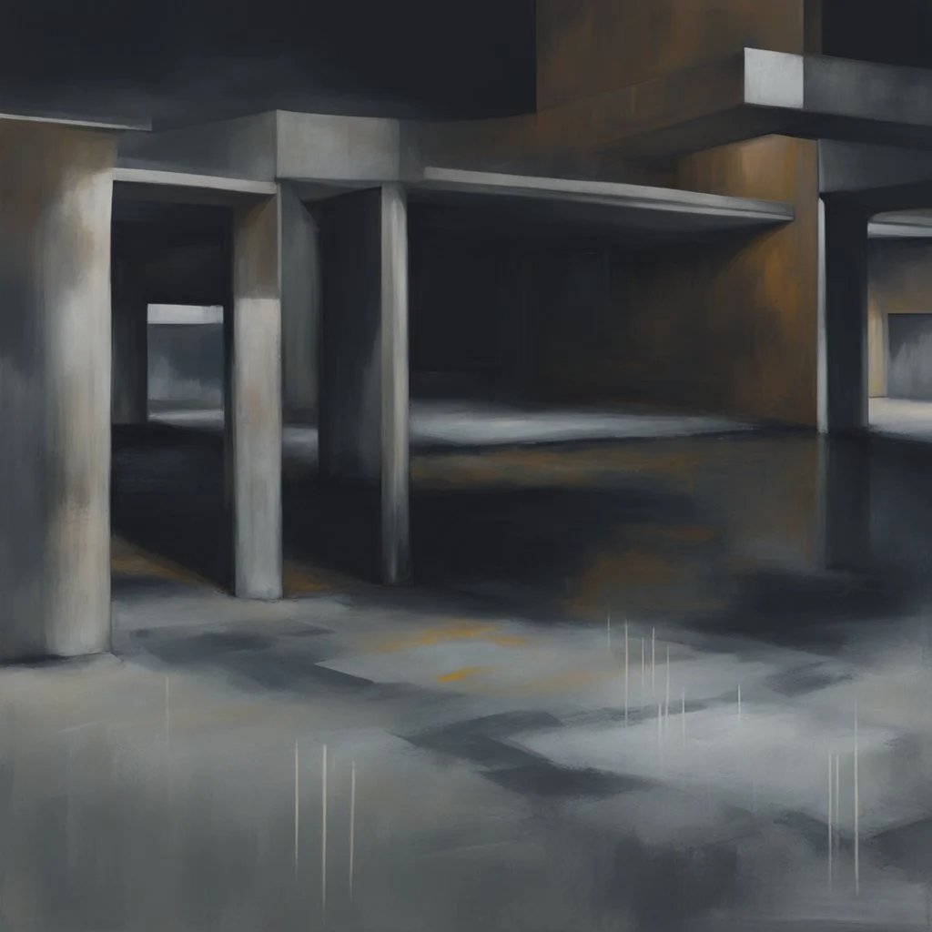 Minimal contemporary abstract oil-painting of desolate 1960s carpark with road markings and concrete fragments. Overlay with grungy typography graphics. style of Justin Mortimer and Francis Bacon.