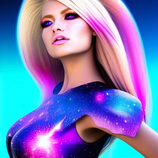 Beautyful woman,galactic , cosmic armor,hair long blond, blue eyes, happy cosmic, bright colors, blue, pink, realistic, photo real, clear sunny background, highly detailed, high contrast, 8k high definition, unreal engine 5, extremely sharp detail, light effect, sunny light background