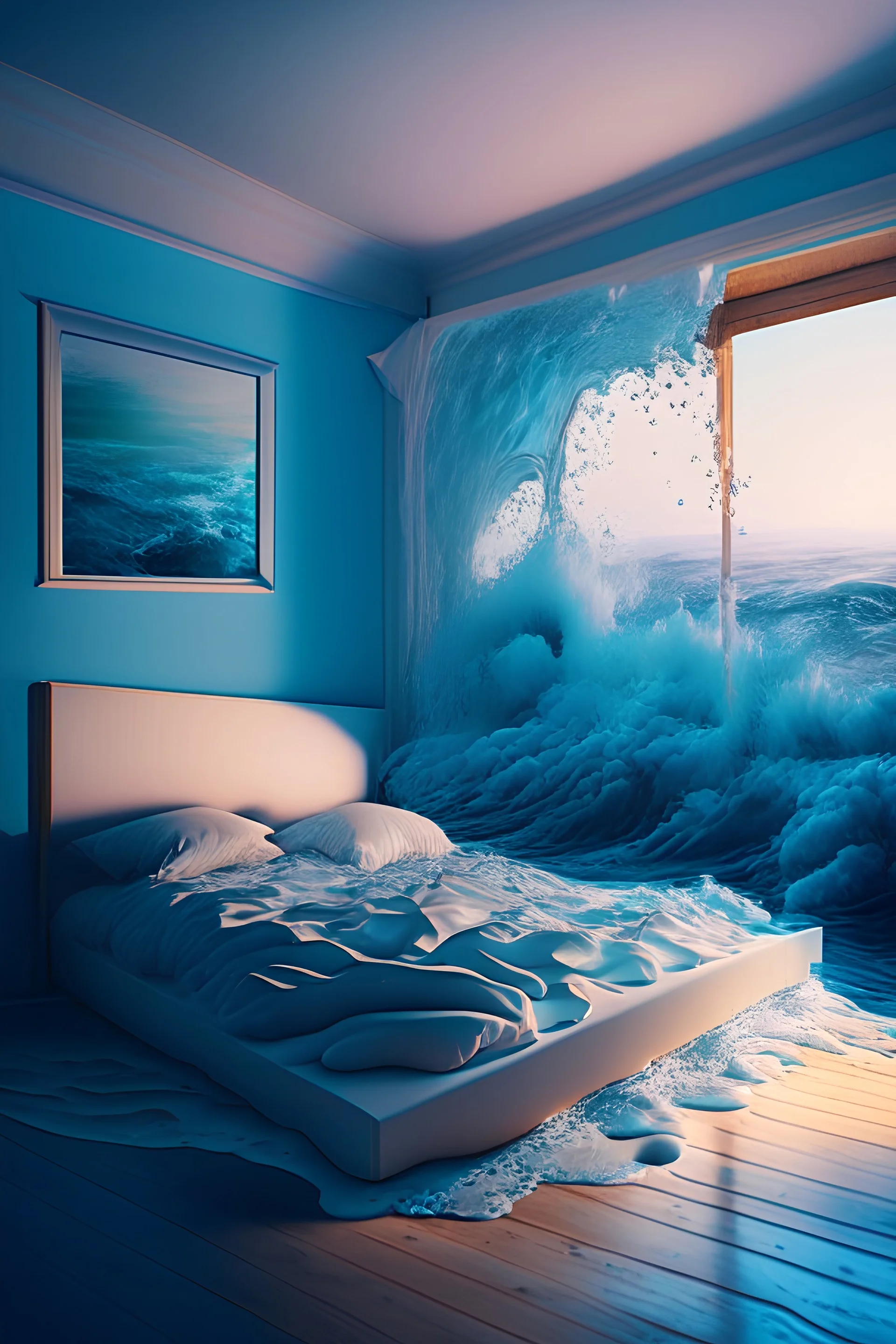 Bedroom melting into the ocean, 4k