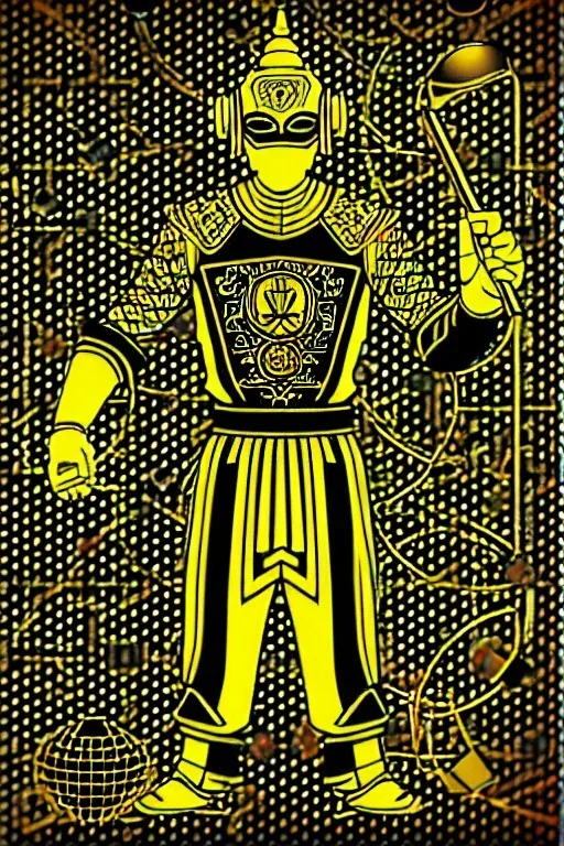 Geometric 3D Buddhist tiling on the background. Bronze color, Yellow, Black Cyan photograph Cyber-punk, full-mask, olAKG-style big headphones, golden rings & disc, fencing mask. Selfie archer. Asa Akira, lightly armored, electronic circuits. Thick tights, thick calves, bend fell, wide hip, flat belly. Ancient artifact attached. Perfect body. Matrix movie clothes, Silver leather area, tippet, latex. Wicked sneakers. Daft Punk, Tron Movie. 1990's, old telephone microphone. Haute Couture