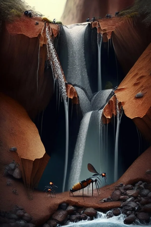 waterfall with ants