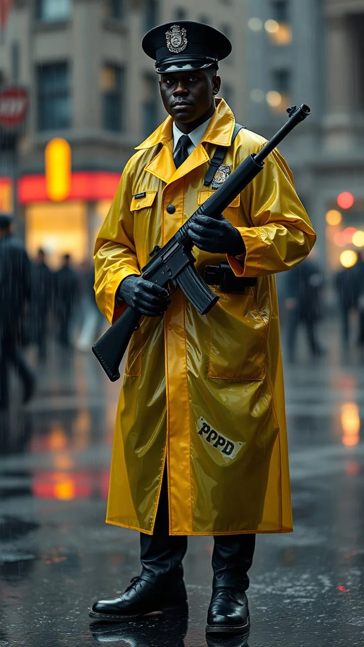 retro nypd full body color 1920 blackmen policeman wtih heavy yellow rain transparent coat with thompson riffle