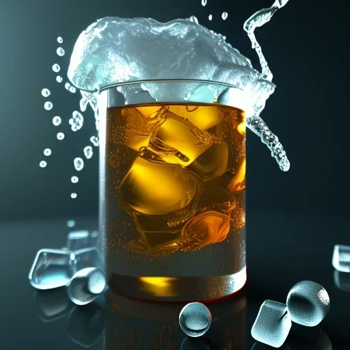 glass of strange liquid with ice cubes, raytraced, volumetric fog, blurred scientist