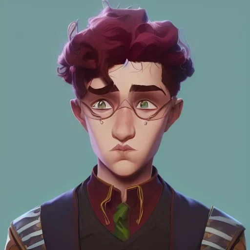 Portrait of a 9 year old wizard boy with big lips and curly hair Nick Harris style