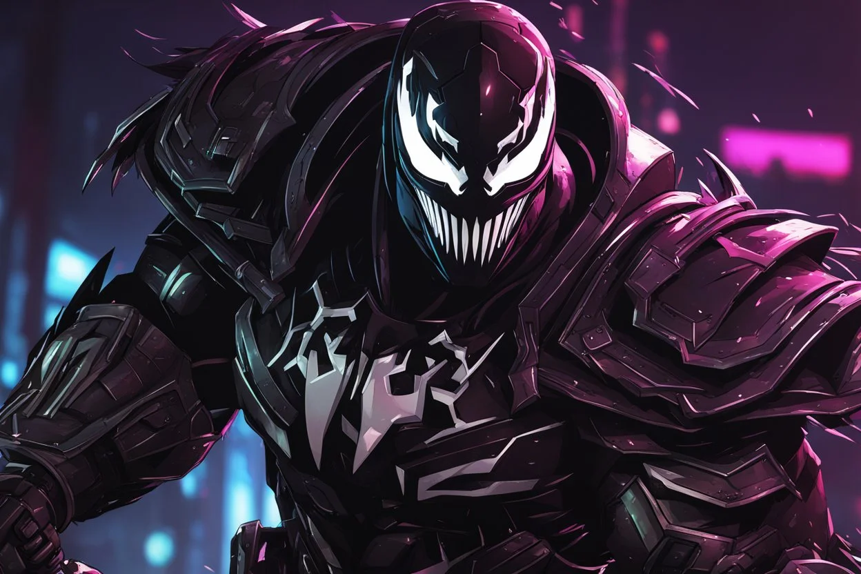 Venom Shredder in 8k solo leveling shadow artstyle, doomfist them, close picture, rain, Shredder helmet, neon lights, intricate details, highly detailed, high details, detailed portrait, masterpiece,ultra detailed, ultra quality