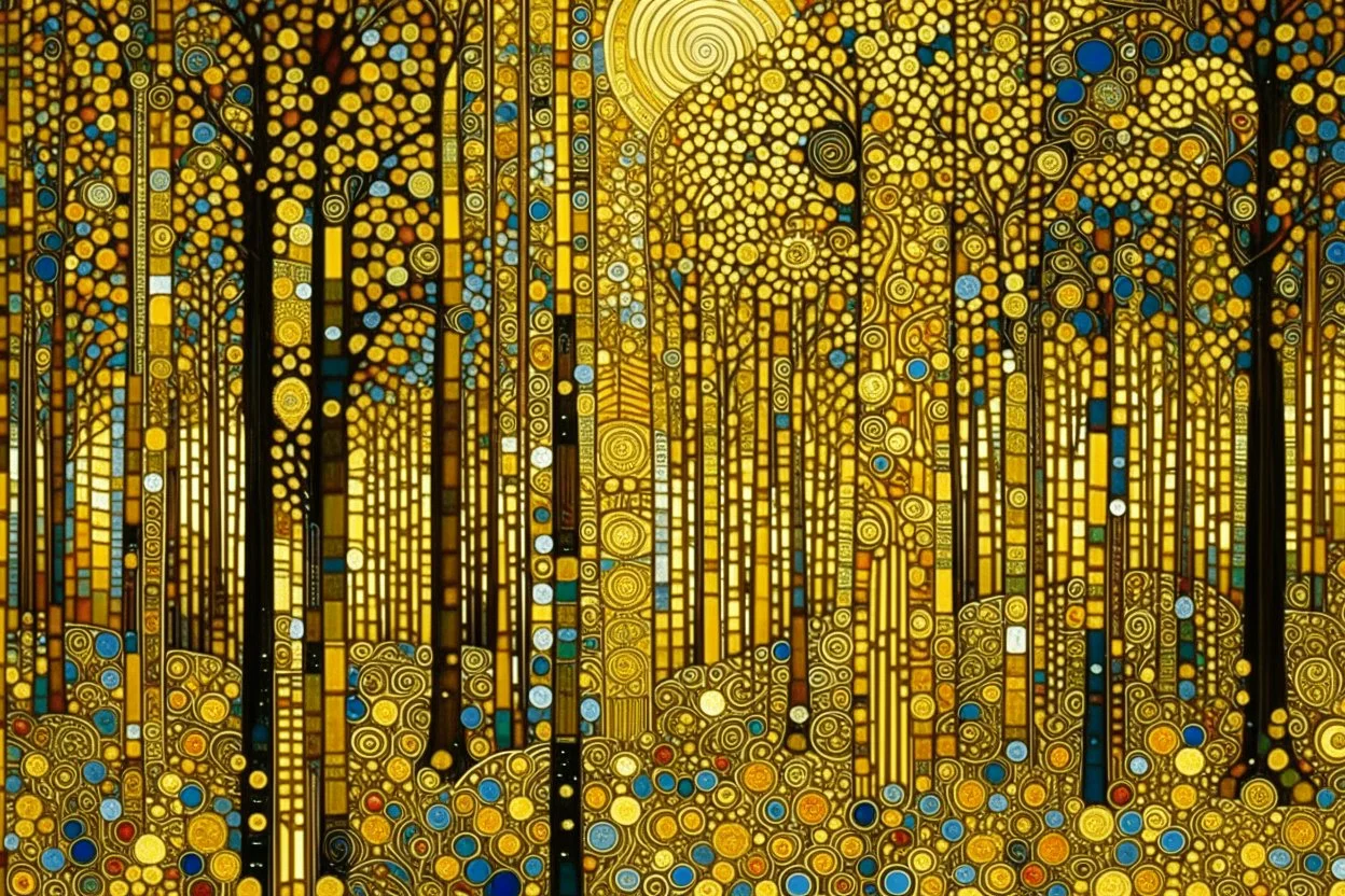 Gustav Klimt Inspired Landscape: A forest scene where the trees are patterned with intricate, symbolist designs and gold leaf accents. The composition is flat with a focus on decorative surfaces, reflecting Klimt's unique Art Nouveau style. Angle: straight-on. Lighting: evenly lit with an emphasis on the shimmering gold and rich, saturated colors.