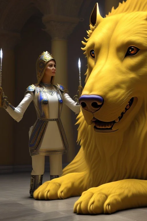 humans obey front of the huge yellow-white big dog, myistic atmhosphare. Realistic, render, 4k