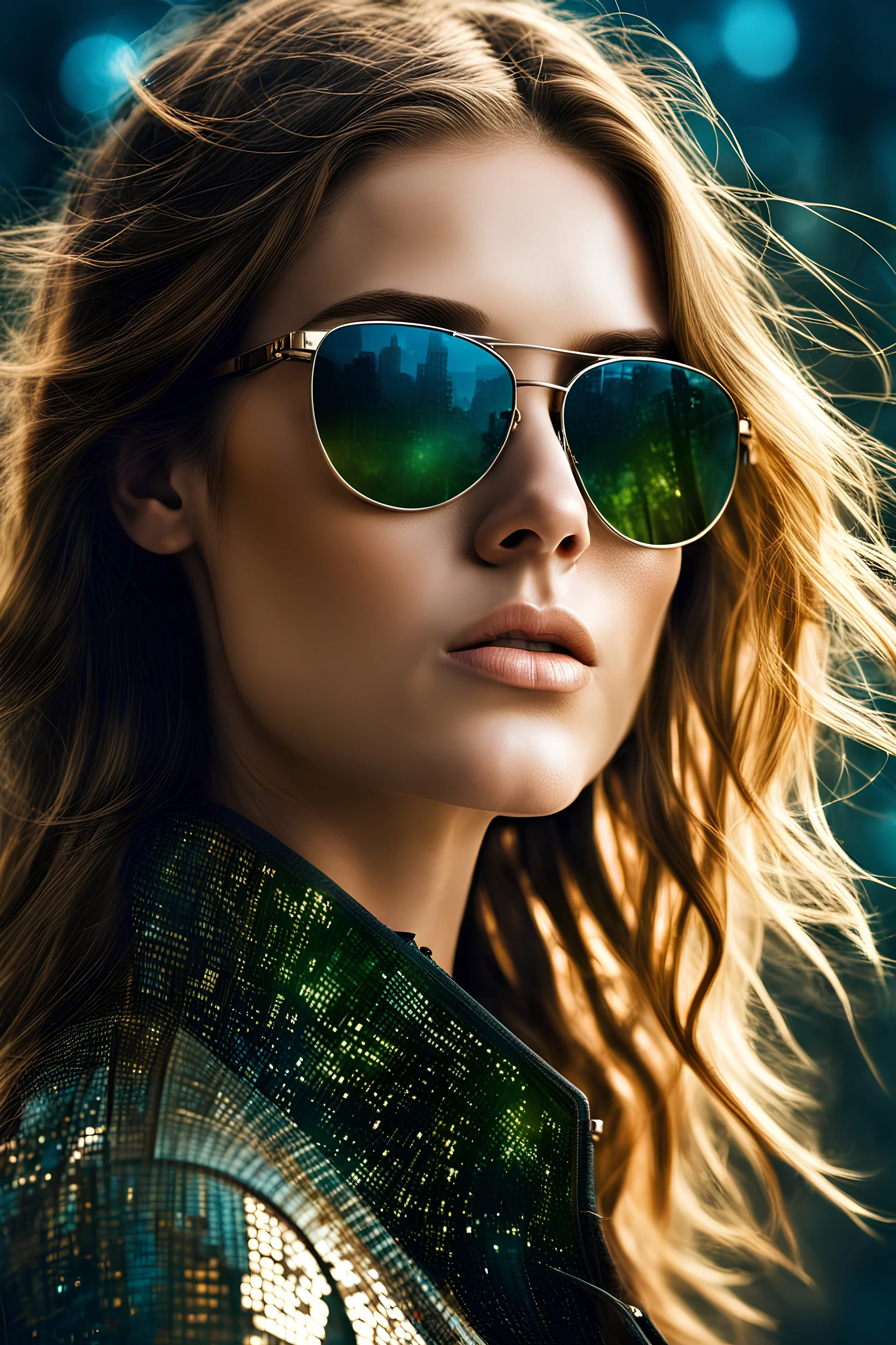 Double exposure between a beautiful light brown hair girl with sunglasses an matrix,sci-fi like Matrix movie , natural colors, dynamic light and shadow, mid-angle , intricate details, very detailed scene with intricate details, realistic, natural colors ,perfect composition, insanely detailed 32k artistic photography, photorealistic concept art, soft natural volumetric cinematic perfect light