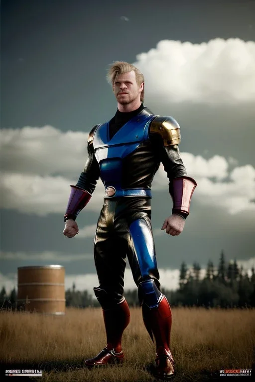 retro portrait image from 1960, sky background, wind, extra long blonde hair, fighting stance, young Chris Hemsworth, clean shave face, black dress, classic long tight lycra black suit, big red cap, silver latex with scales on the arms, gold bracelet and belt, high boots, soft color, highly detailed, unreal engine 5, ray tracing, RTX, lumen lighting, ultra detail, volumetric lighting, 3d, finely drawn, high definition, high resolution.