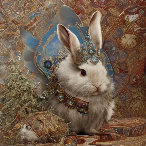 white platinum rabbit with blue third aye and butterfly wings, aboriginal, dot painting, indiginous, dot, mud, dream-time, abstract, dots, natural pigment, extremely sharp detail, finely tuned detail, ultra high definition, 8 k, unreal engine 5, ultra sharp focus, art germ and Paul Lewin and Kehinde Wiley, winter ambiance