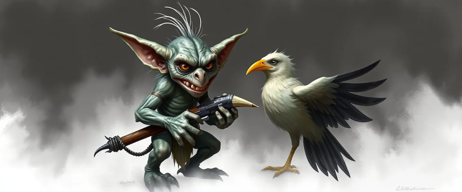 air brush 3d with pen outline, mongrel goblin gremlin holding big big bird with blurred shadow outline, charcoal fog border