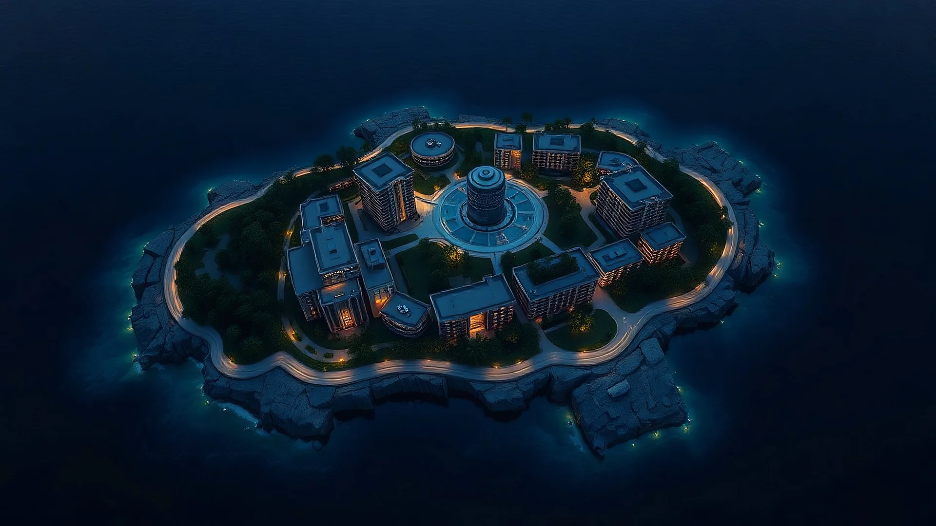 a large modern island with several buildings, top-view down map at night