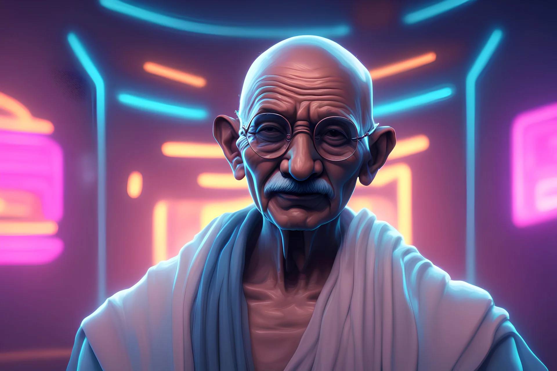 Cyberpunk Neon 3D illustration of Mahatma gandhi indian freedom fighter, Cyberpunk glow glowing illustration neon artificial technology beauty cyber, smooth 3D digital art, exquisite 3D rendering, 4K, blender, c4d, octane rendering, 3D Disney style lighting, Zbrush sculpting, highly detailed realistic fabric, concept art, high detail Zbrush