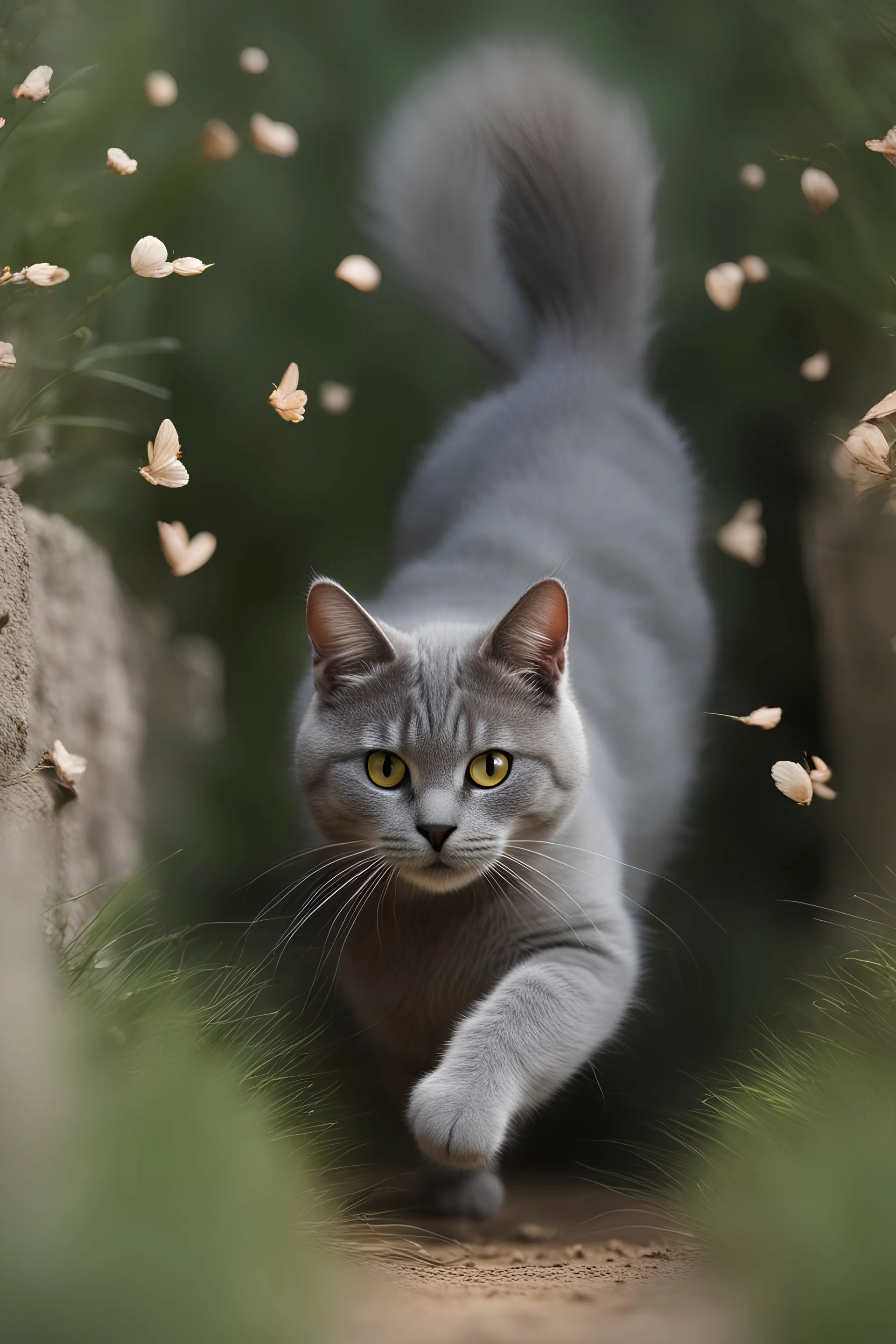 Ultra HD, Ultra Detailed,epic scene :A gray-colored cat flew through the air, landing in the enemy's trenches. The cat ran around the trench, disrupting the concentration of enemies and forcing them out of the trench.