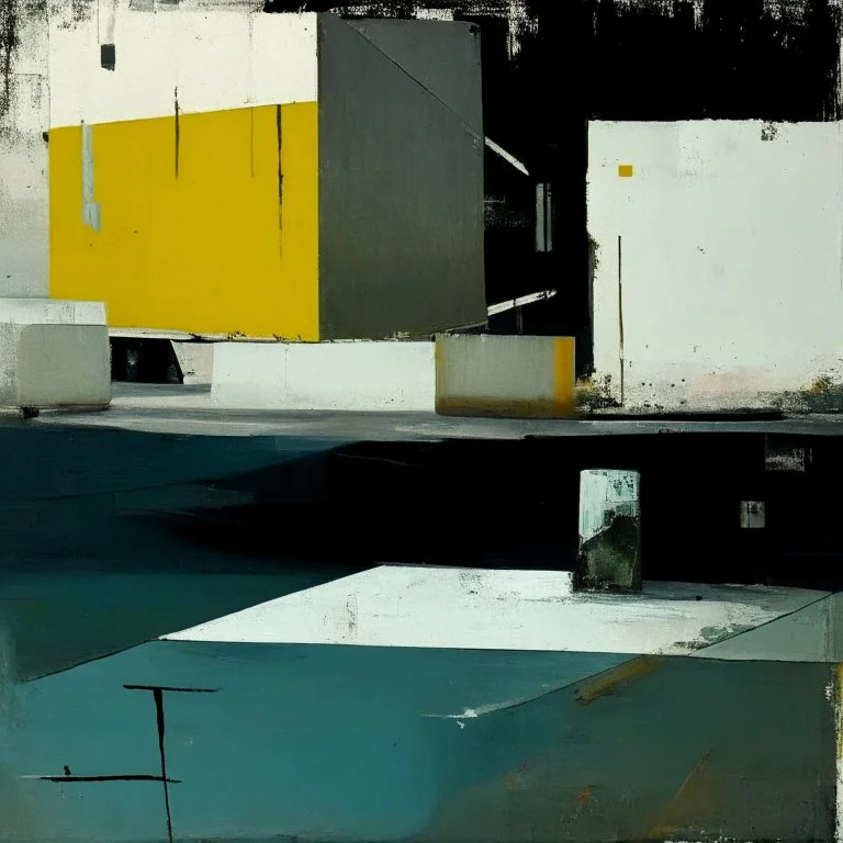 Minimal contemporary abstract oil paintings of desolate 1960s carpark with road markings and concrete fragments. Overlay with grungy typography graphics. style of Justin Mortimer and Francis Bacon.