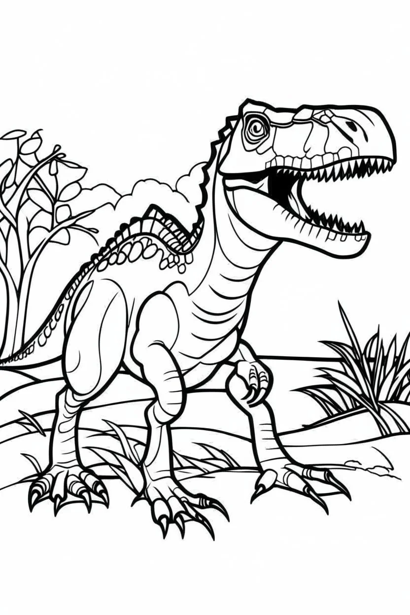 create a coloring page: Illustrate a T-Rex rubbing its scent glands against trees or rocks to mark its territory with pheromones. Kids can color the scene to show the T-Rex leaving scent trails. ink drawing clipart, simple line illustrations, colored