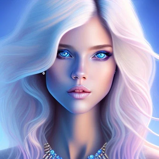 portrait of a beautiful woman with an angel face smiling,long blond hair, blue eyes, pink and blue dress, jewels, soft light aura