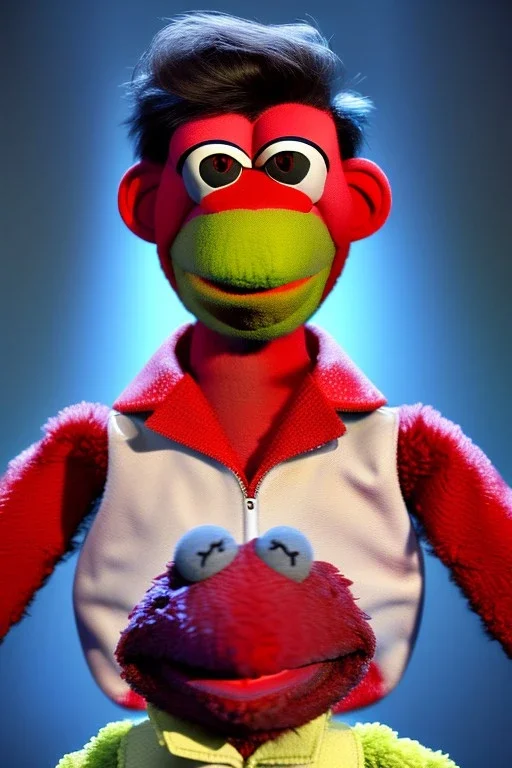 Waist up muppet Portrait, Nicolas maduro us muppet doll, Venezuelan president, tracksuit red blue and yellow, mustache, photo studio, red background, unreal engine 5, concept art, art station, ray tracing, lumen lighting, ultra detail, volumetric lighting, 3d.